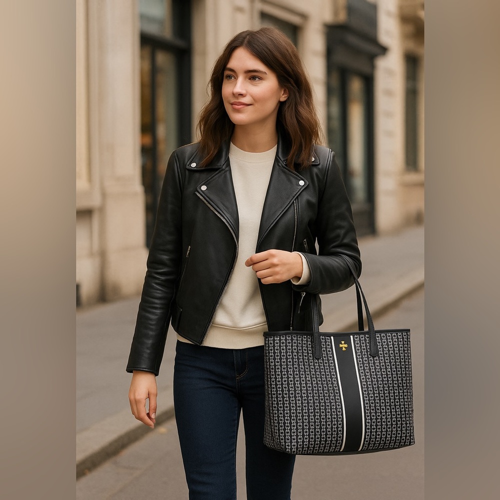 Tory Burch Gemini Link Tote Black White Coated Canvas Geo Work Shoulder Bag